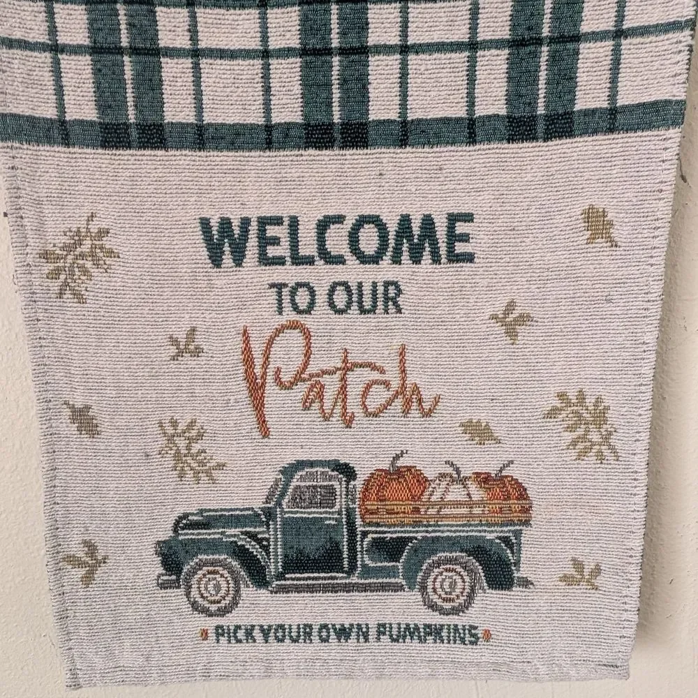 Fall Table Runner Green Plaid, Pumpkin Patch Pickup Truck, 12.75
